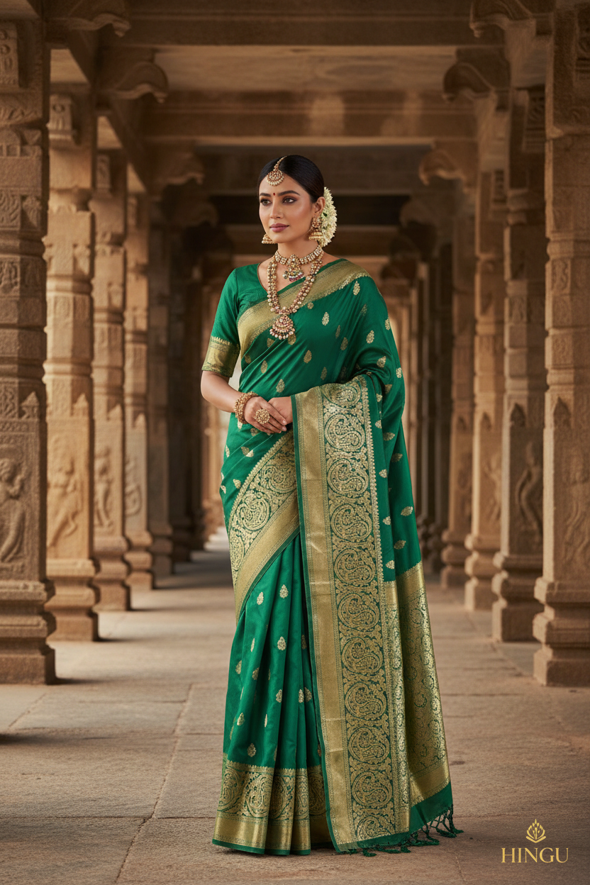 Elegant red silk saree with gold zari border, styled with a pearl necklace