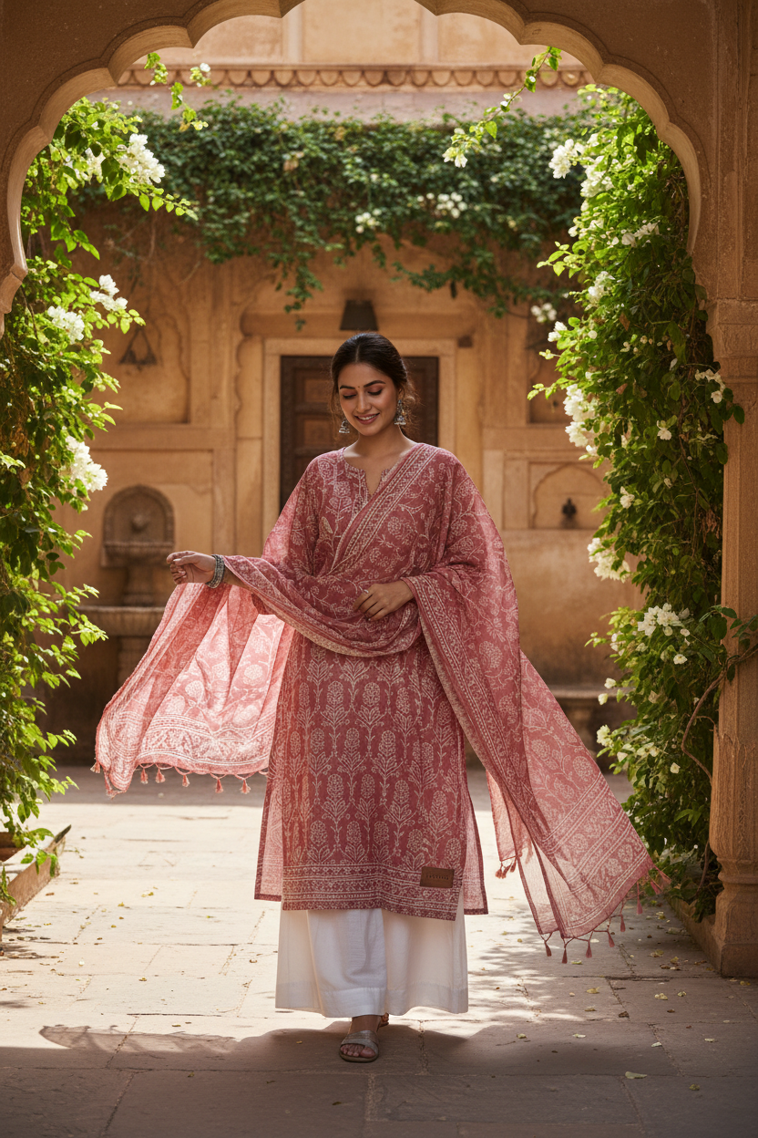 Woman in a maroon embroidered kurta set