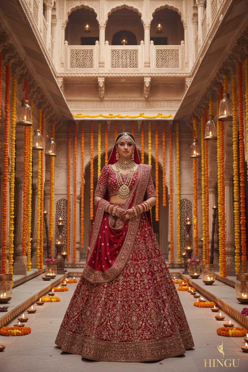 Woman in a rich red embellished lehenga, editorial fashion shot